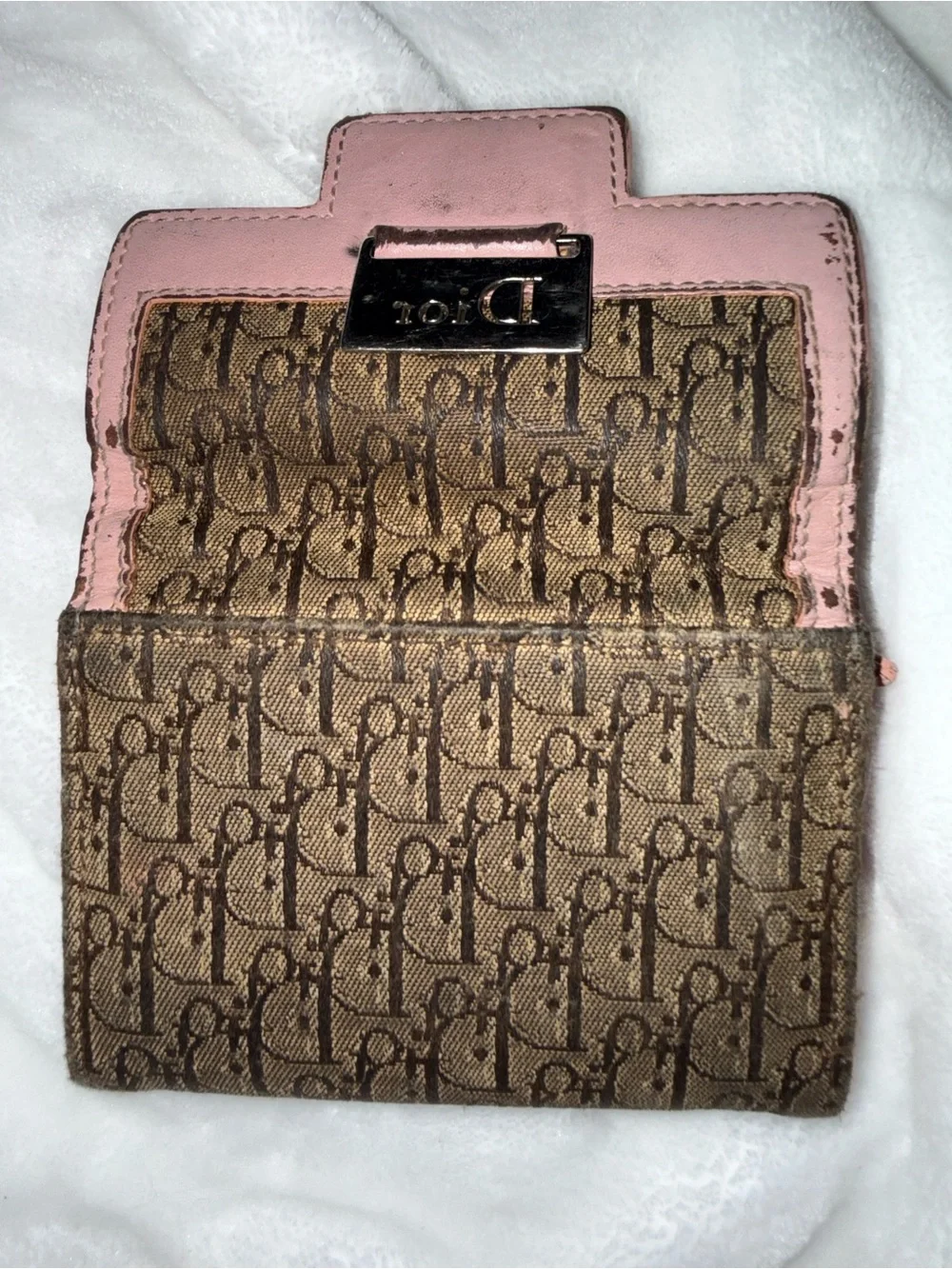 USED Dior Brown Monogram Wallet with Pink Trim and Silver Plate